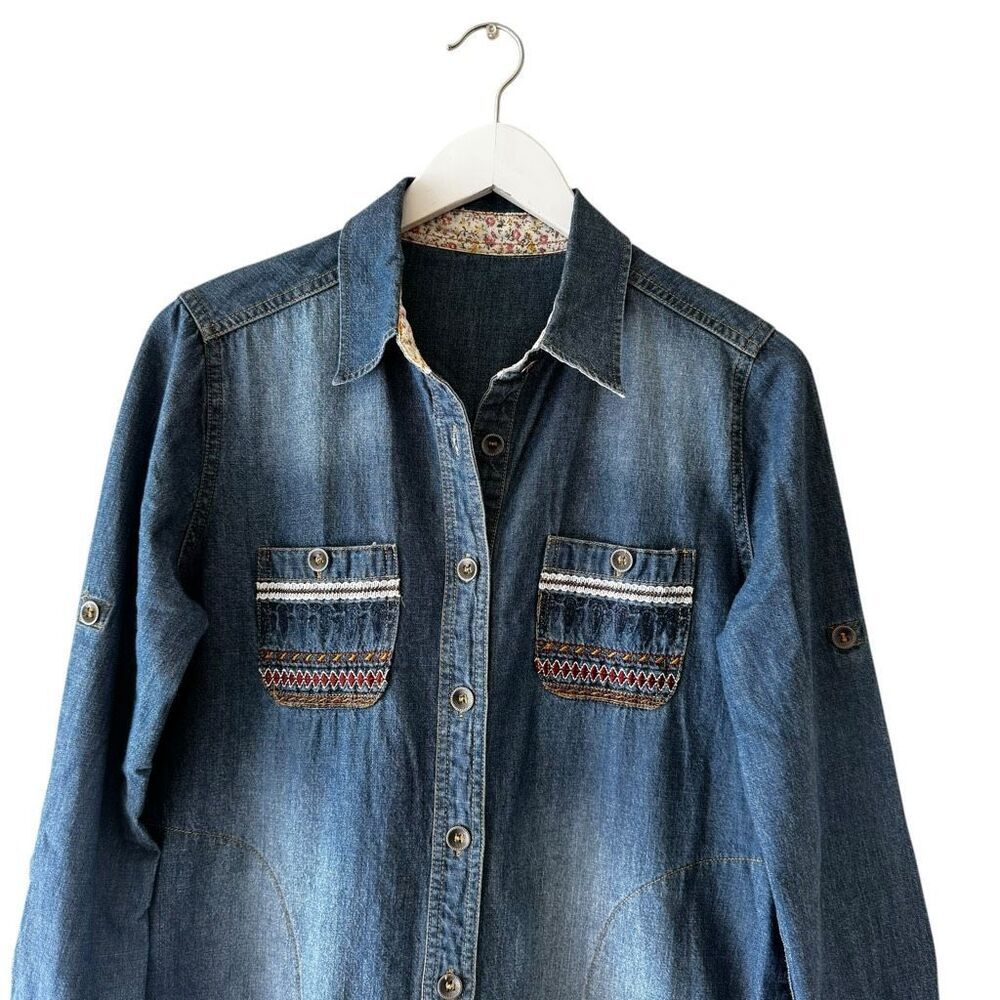 Snidel Denim Southwestern Bohemian Dress Blue Collared Neck SZ M # 2352 - Picture 4 of 16
